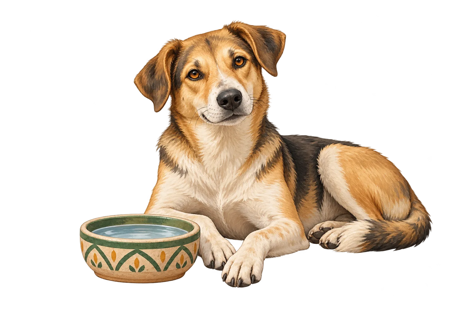Illustration of a dog resting beside a water bowl