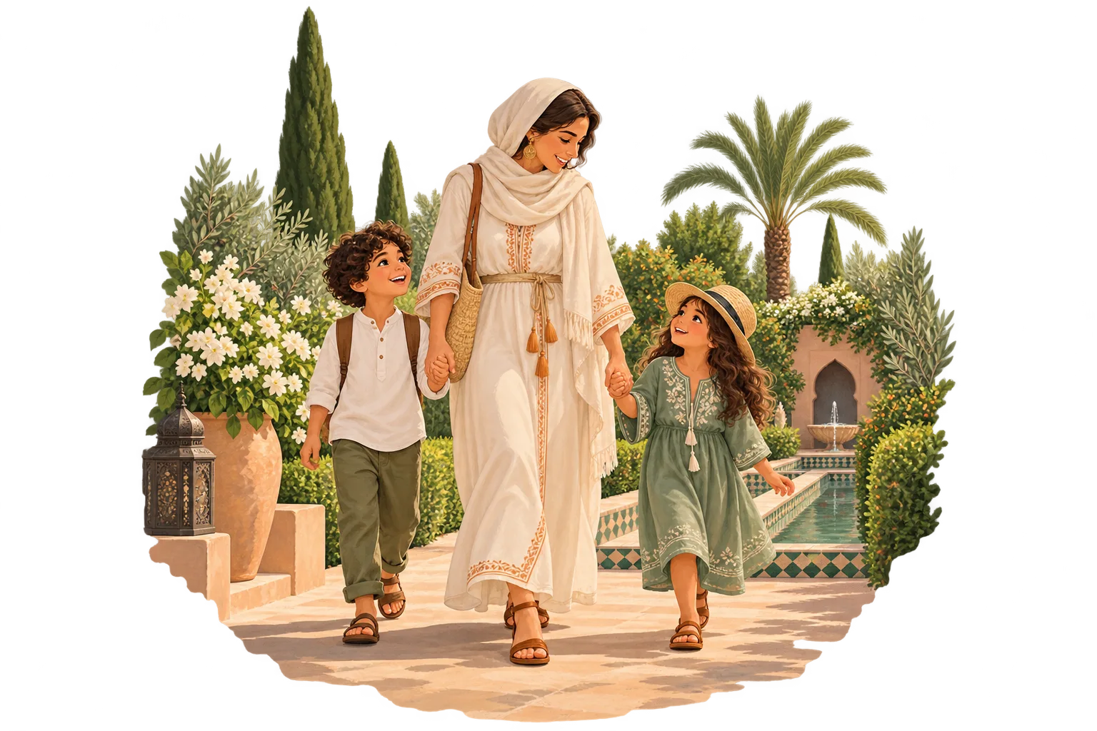 Illustration of a parent exploring a garden with two children