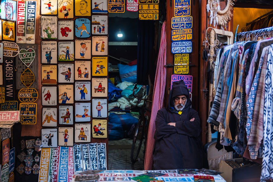 Vibrant Marrakech market with traditional stalls, colors, and crowds