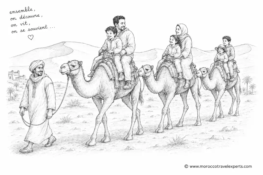 hand drawn sketch placeholder of a family camel ride in the moroccan desert