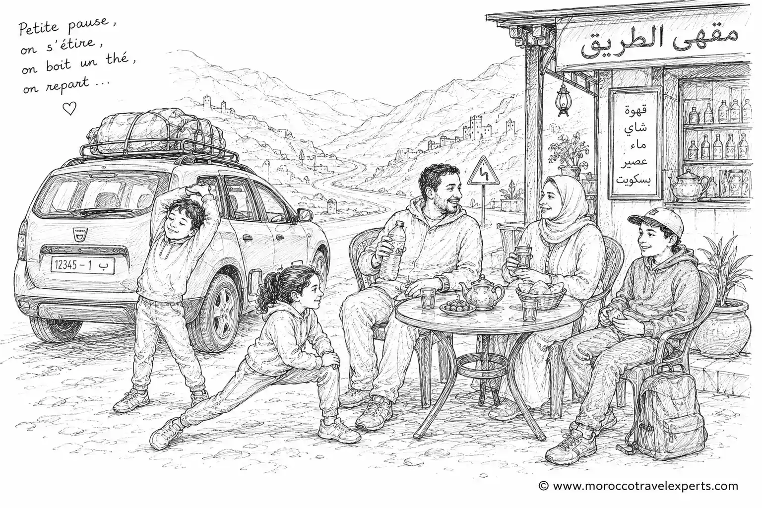hand drawn sketch placeholder of a moroccan family stopping at a roadside cafe