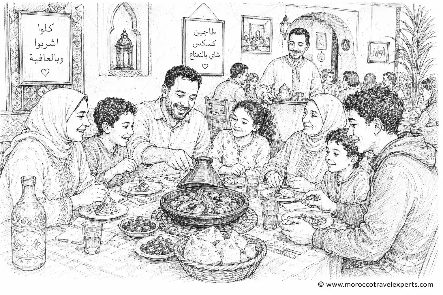 hand drawn sketch placeholder of children eating with family in a moroccan restaurant