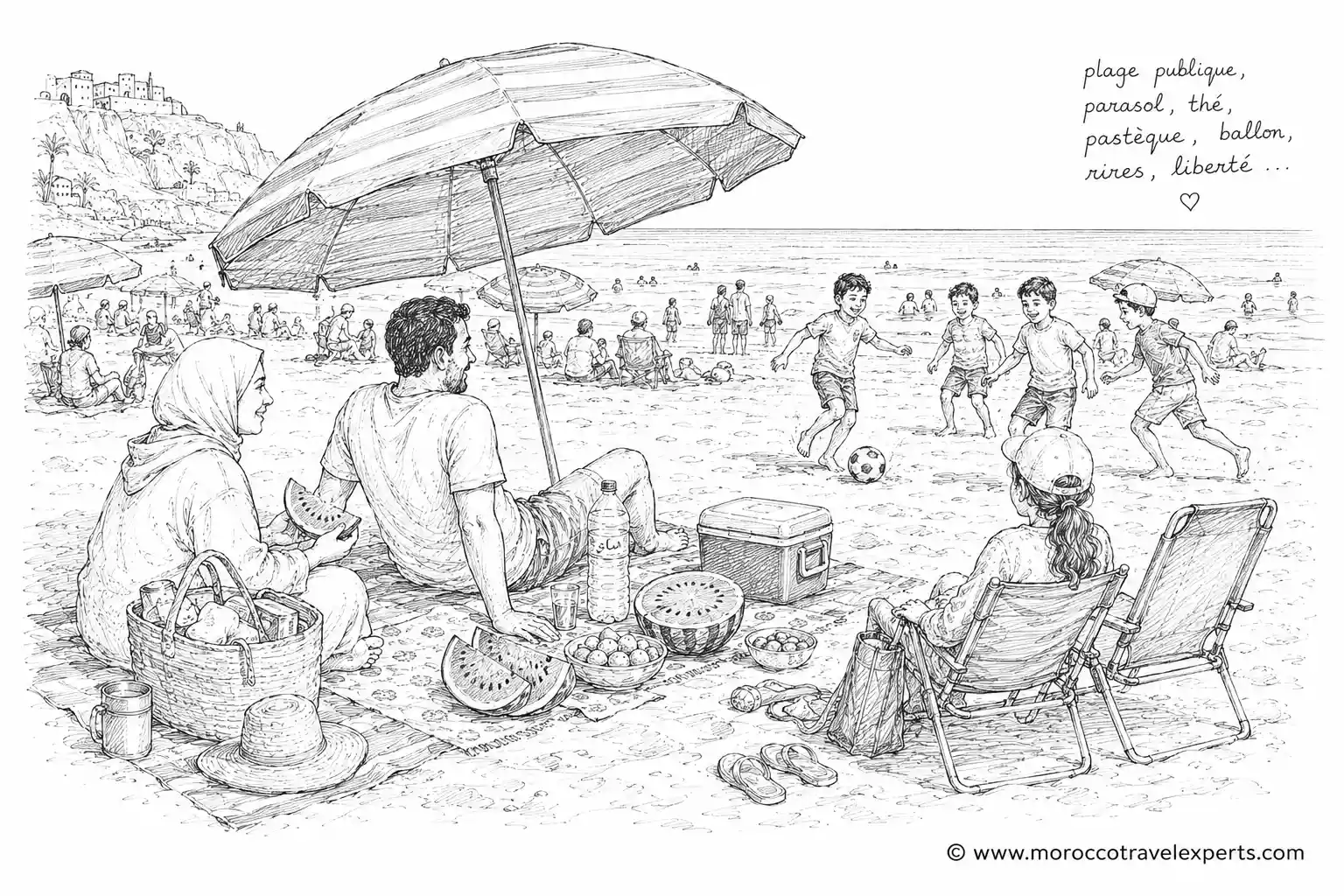 hand drawn sketch placeholder of moroccan families at a public beach
