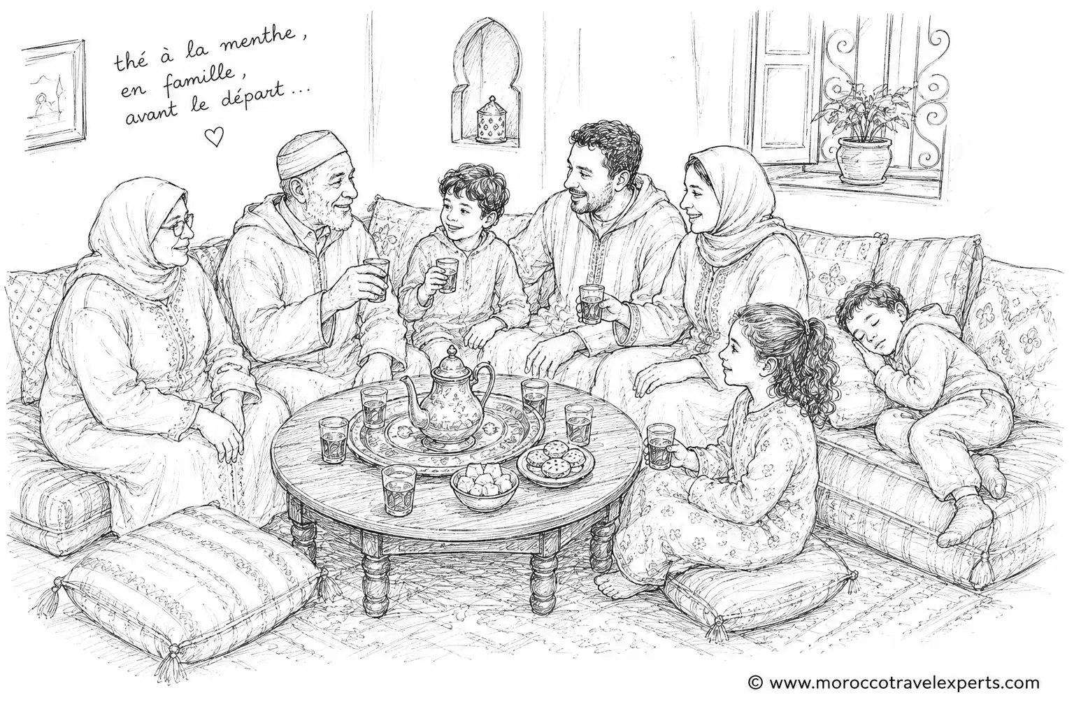 hand drawn sketch placeholder of children sitting with adults during moroccan tea time