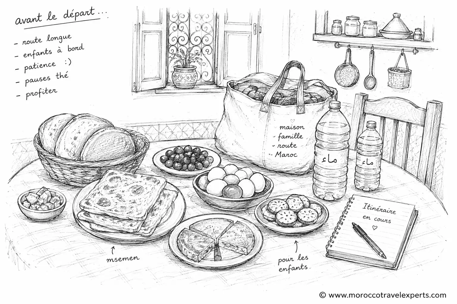 hand drawn sketch placeholder of moroccan travel snacks prepared before a family trip