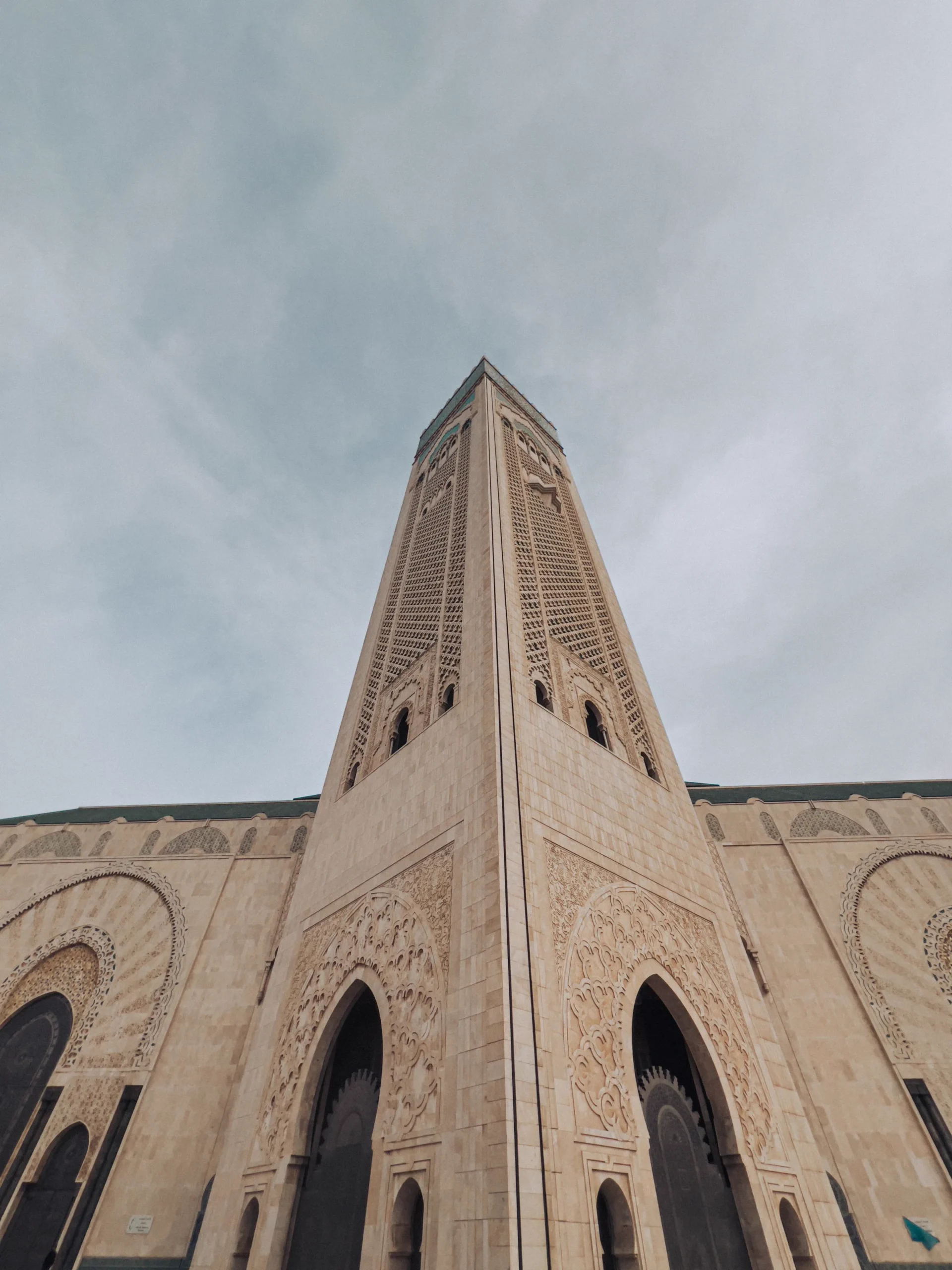Low-angle view of Hassan II Mosque minaret in Casablanca