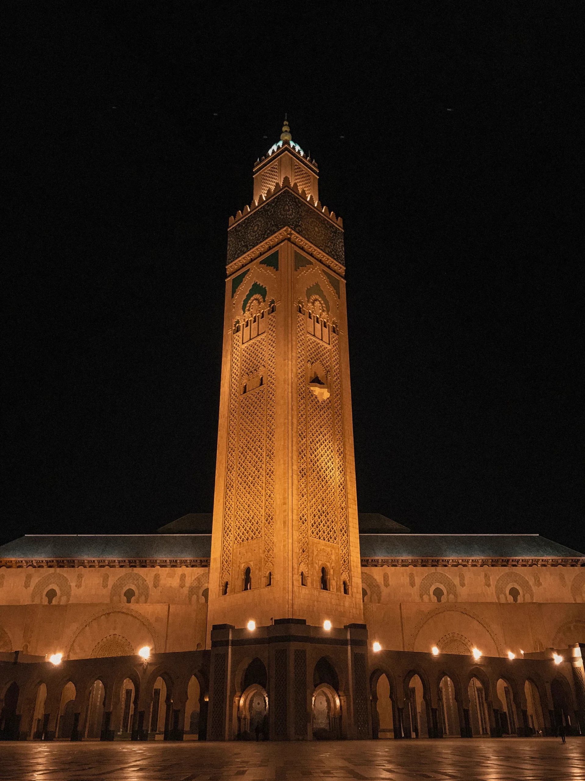 Hassan II Mosque tower at night in Casablanca