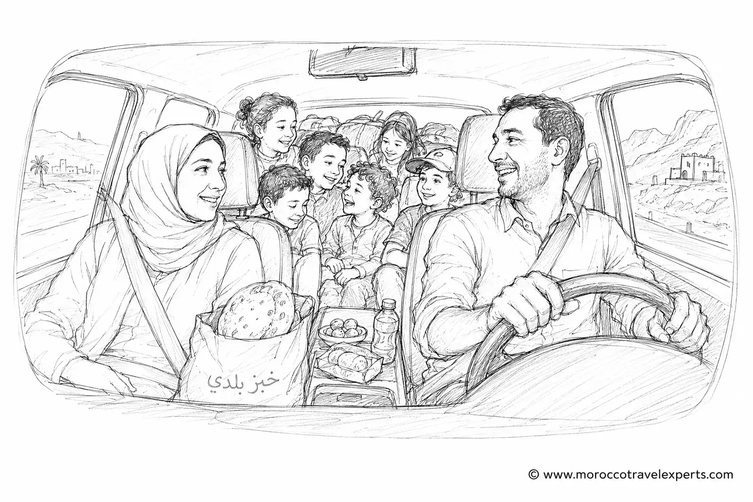 hand drawn sketch placeholder of a moroccan family road trip with children